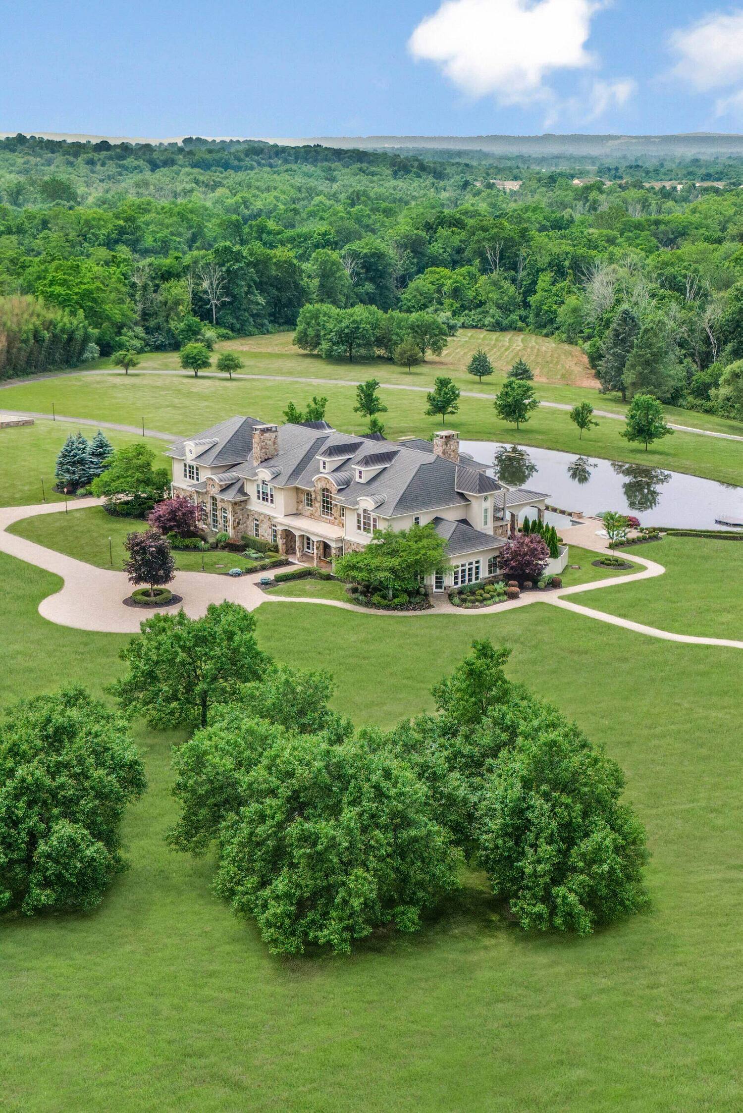 aerial view of The Princeton Preserve, its pool, and surrounding acreage at 1315 Canal Road